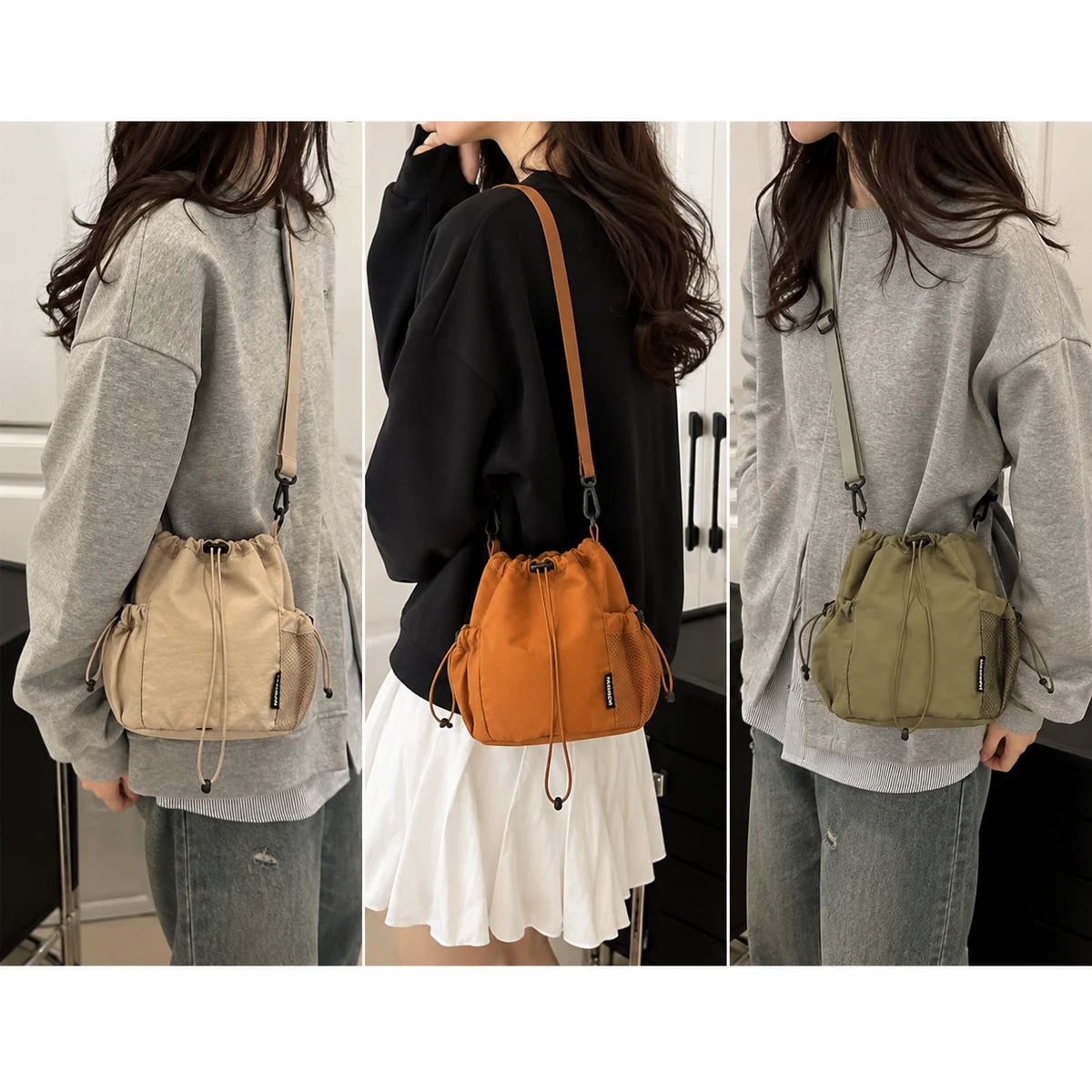 Women's Nylon Drawstring Bucket Crossbody Bag | Mesh Pockets