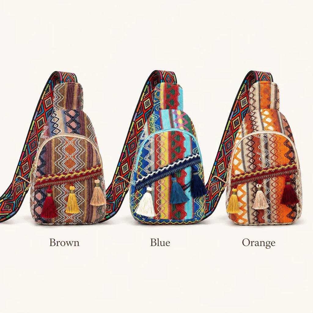 Boho Woven Sling Bag – Women's Crossbody Tassel Backpack