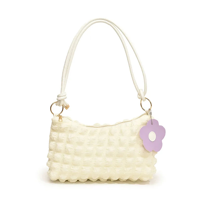 Women's Textured Canvas Shoulder Bag with Flower Charm