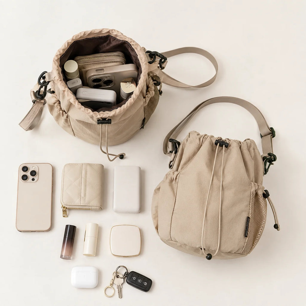 Women's Nylon Drawstring Bucket Crossbody Bag | Mesh Pockets