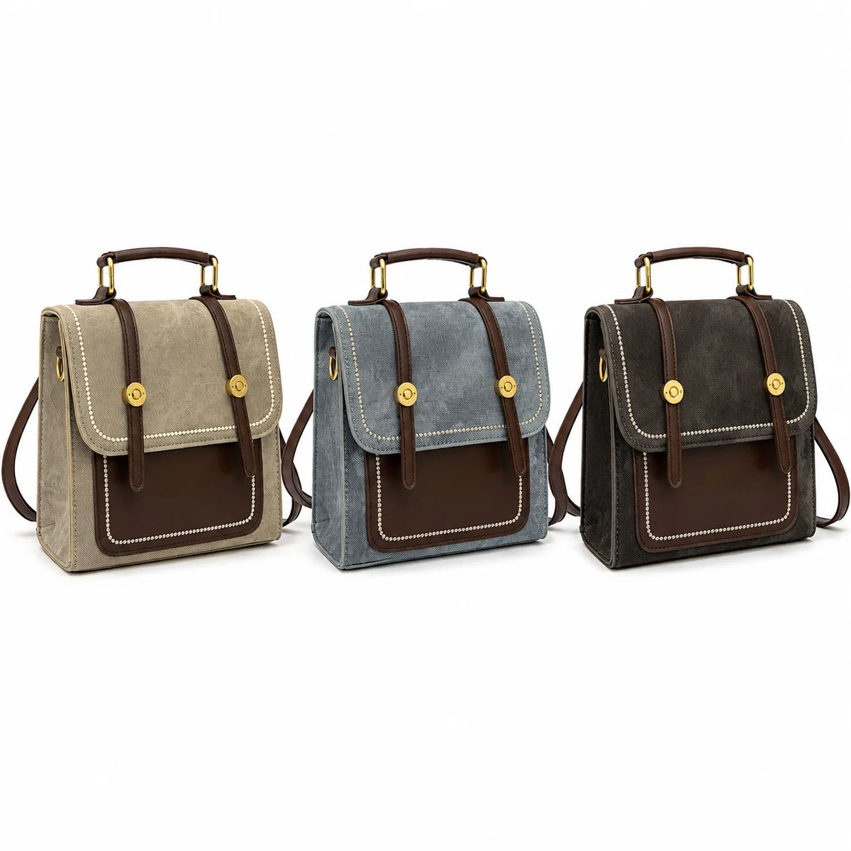 Women's Vintage Denim Backpack – PU Leather Trim, Magnetic Flap