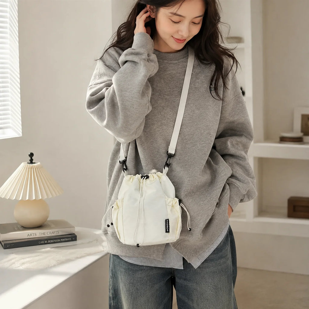 Women's Nylon Drawstring Bucket Crossbody Bag | Mesh Pockets
