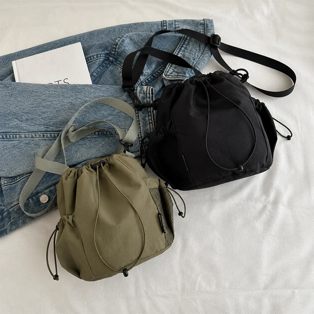 Women's Nylon Drawstring Bucket Crossbody Bag | Mesh Pockets