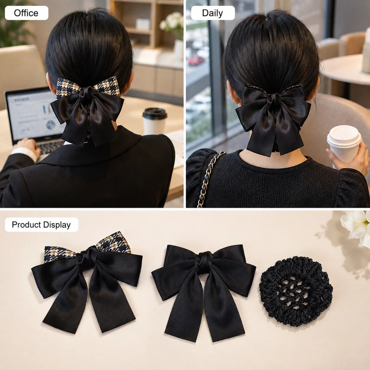 Elegant Bow Hair Bun Net – Houndstooth Satin Ribbon Cover