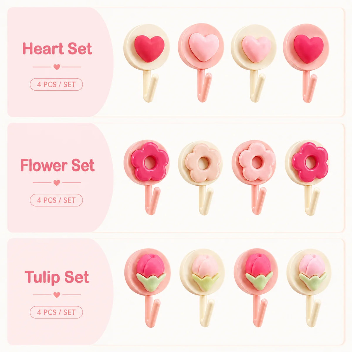 4-Pack Flower & Heart Adhesive Wall Hooks – No-Drill Hangers
