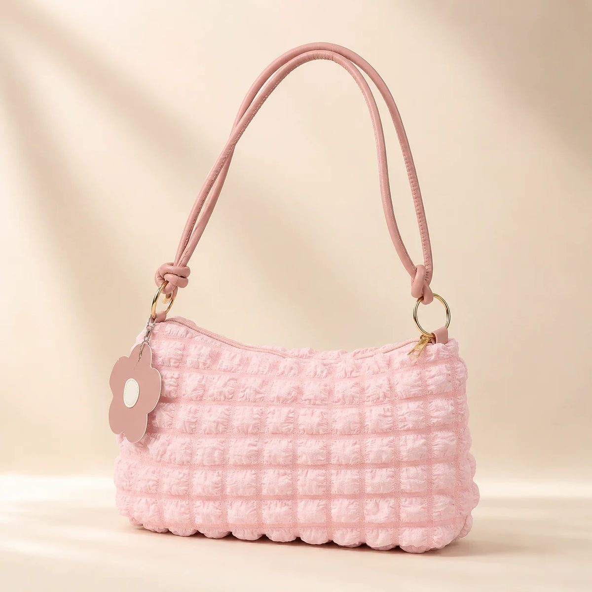 Women's Textured Canvas Shoulder Bag with Flower Charm