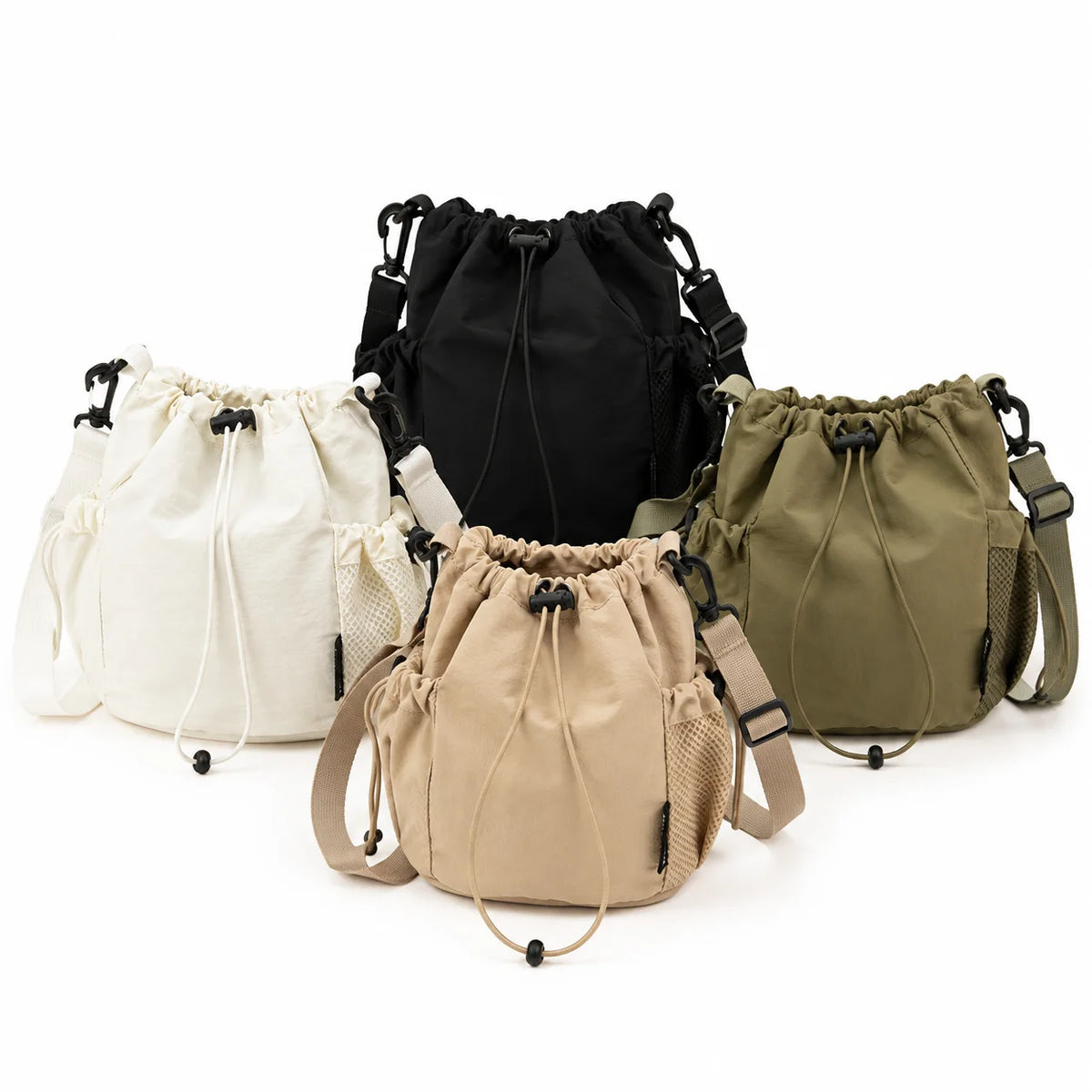 Women's Nylon Drawstring Bucket Crossbody Bag | Mesh Pockets