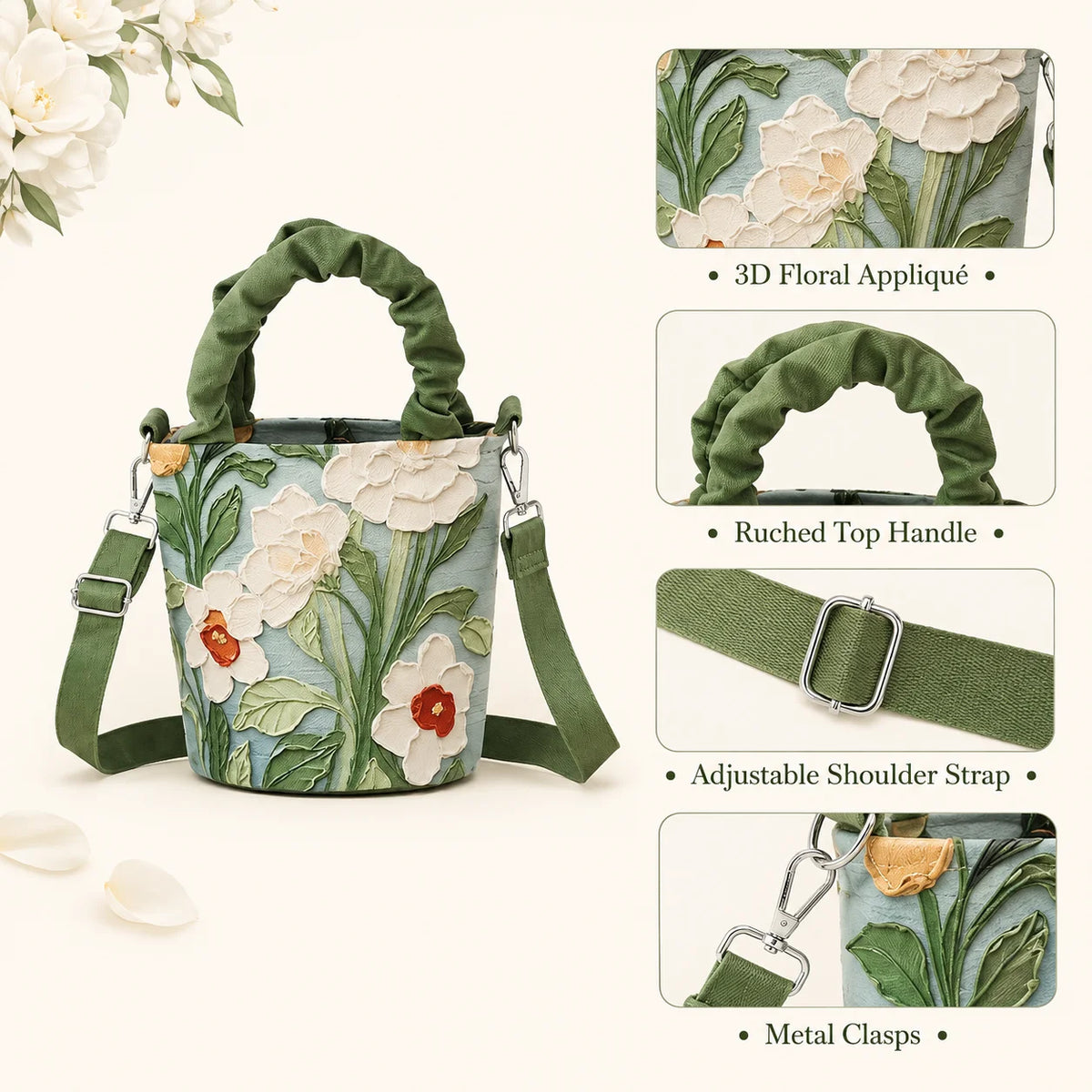 Women's 3D Floral Applique Mini Bucket Bag – Crossbody Purse