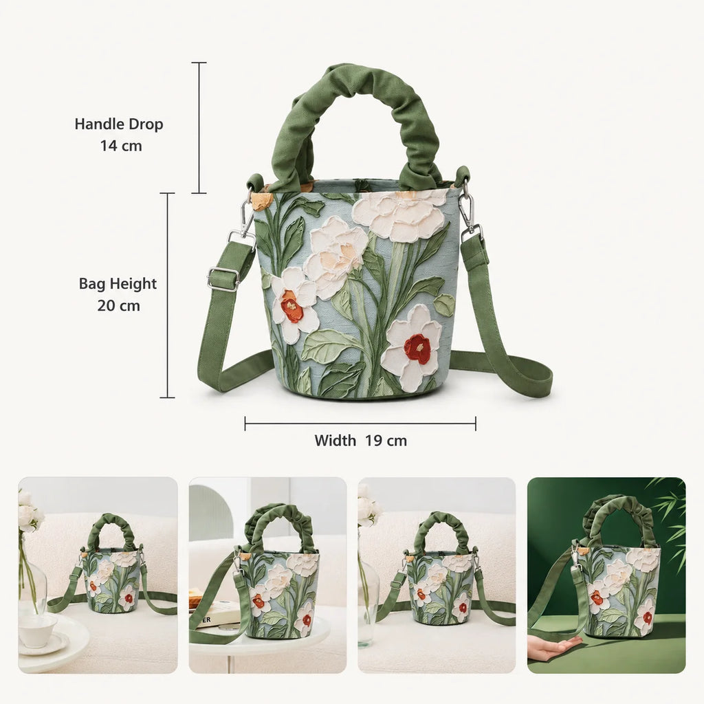 Women's 3D Floral Applique Mini Bucket Bag – Crossbody Purse