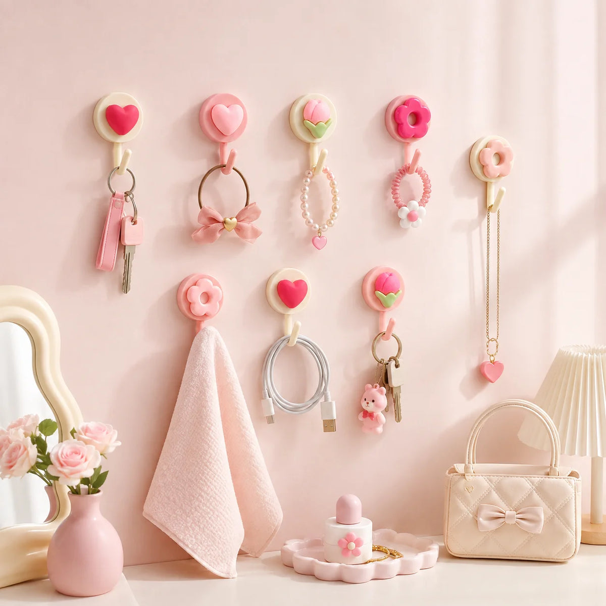 4-Pack Flower & Heart Adhesive Wall Hooks – No-Drill Hangers
