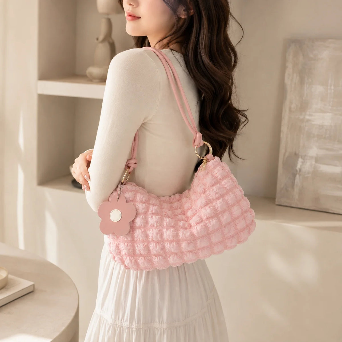Women's Textured Canvas Shoulder Bag with Flower Charm