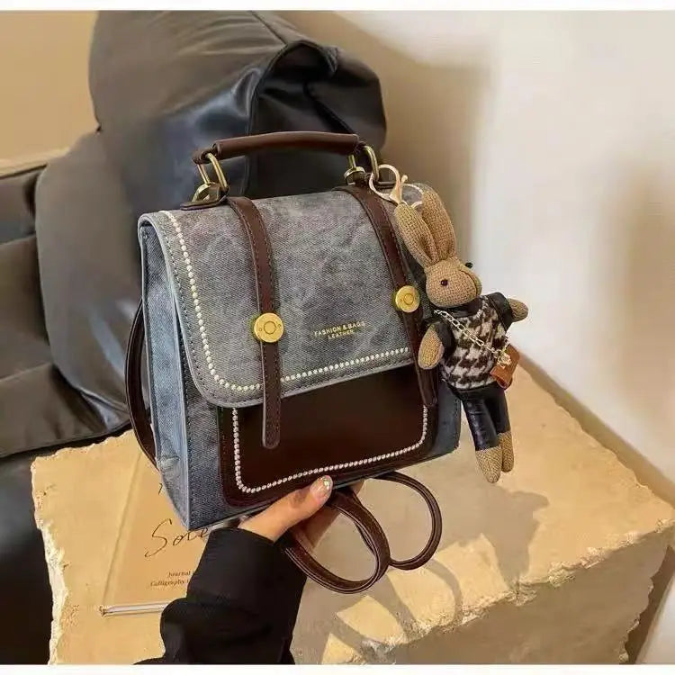 Women's Vintage Denim Backpack – PU Leather Trim, Magnetic Flap