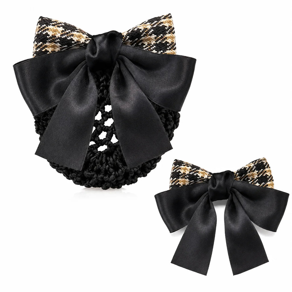 Elegant Bow Hair Bun Net – Houndstooth Satin Ribbon Cover