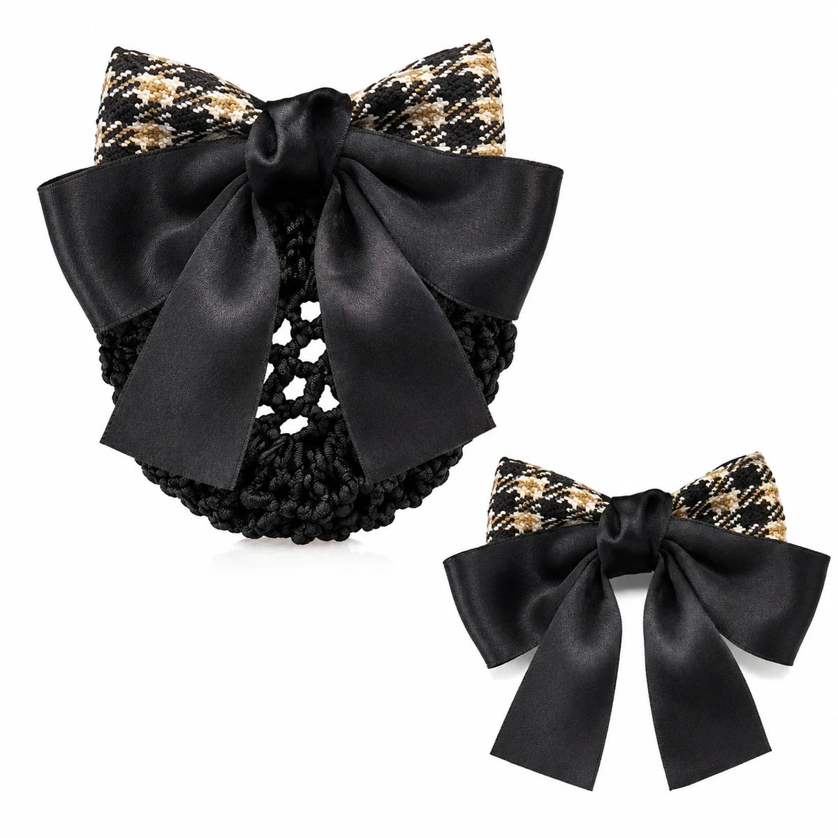 Elegant Bow Hair Bun Net – Houndstooth Satin Ribbon Cover