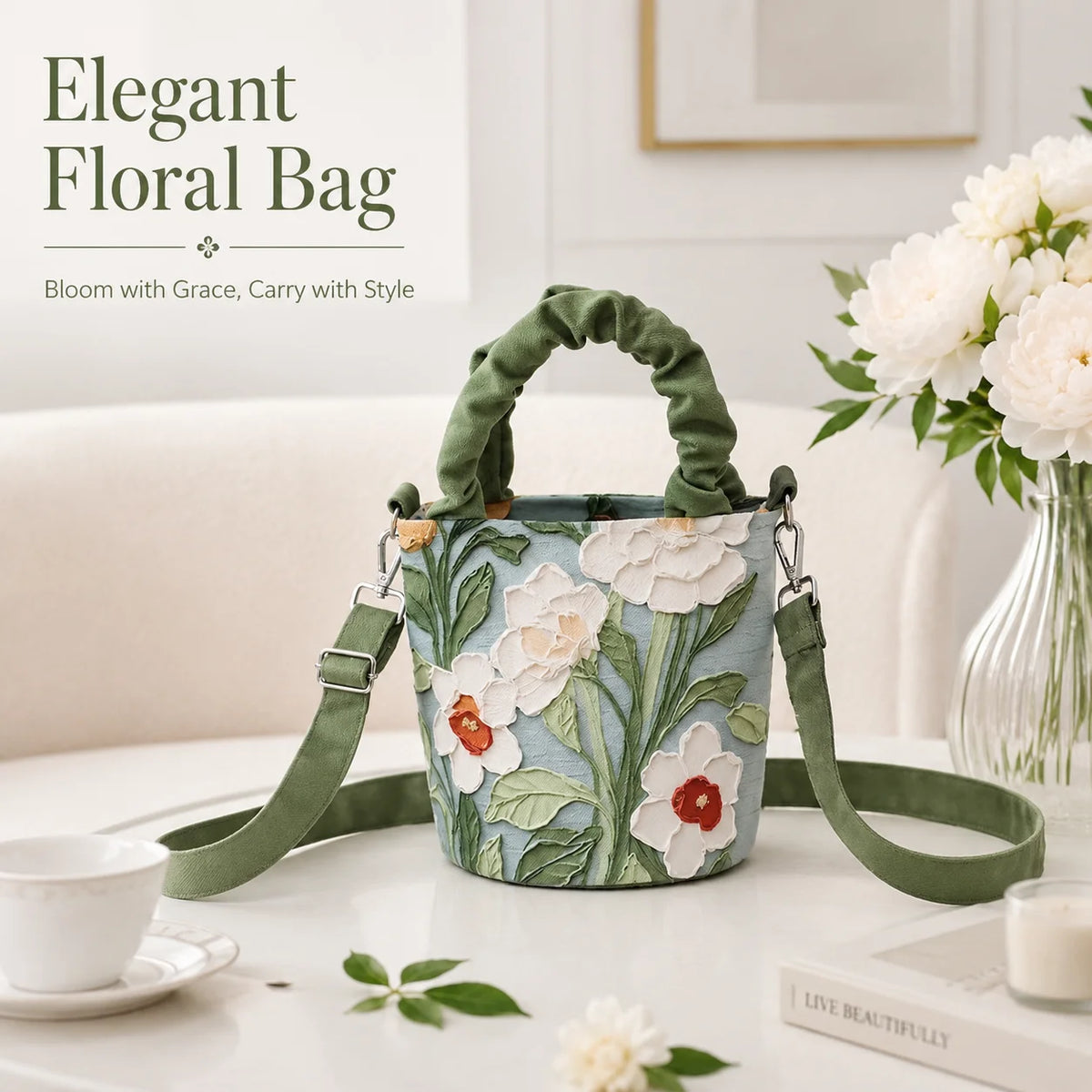 Women's 3D Floral Applique Mini Bucket Bag – Crossbody Purse