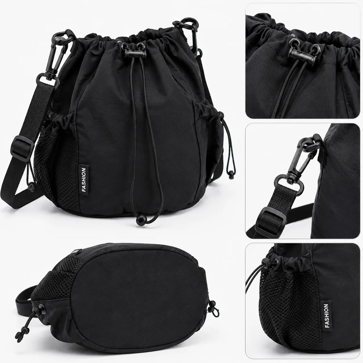 Women's Nylon Drawstring Bucket Crossbody Bag | Mesh Pockets