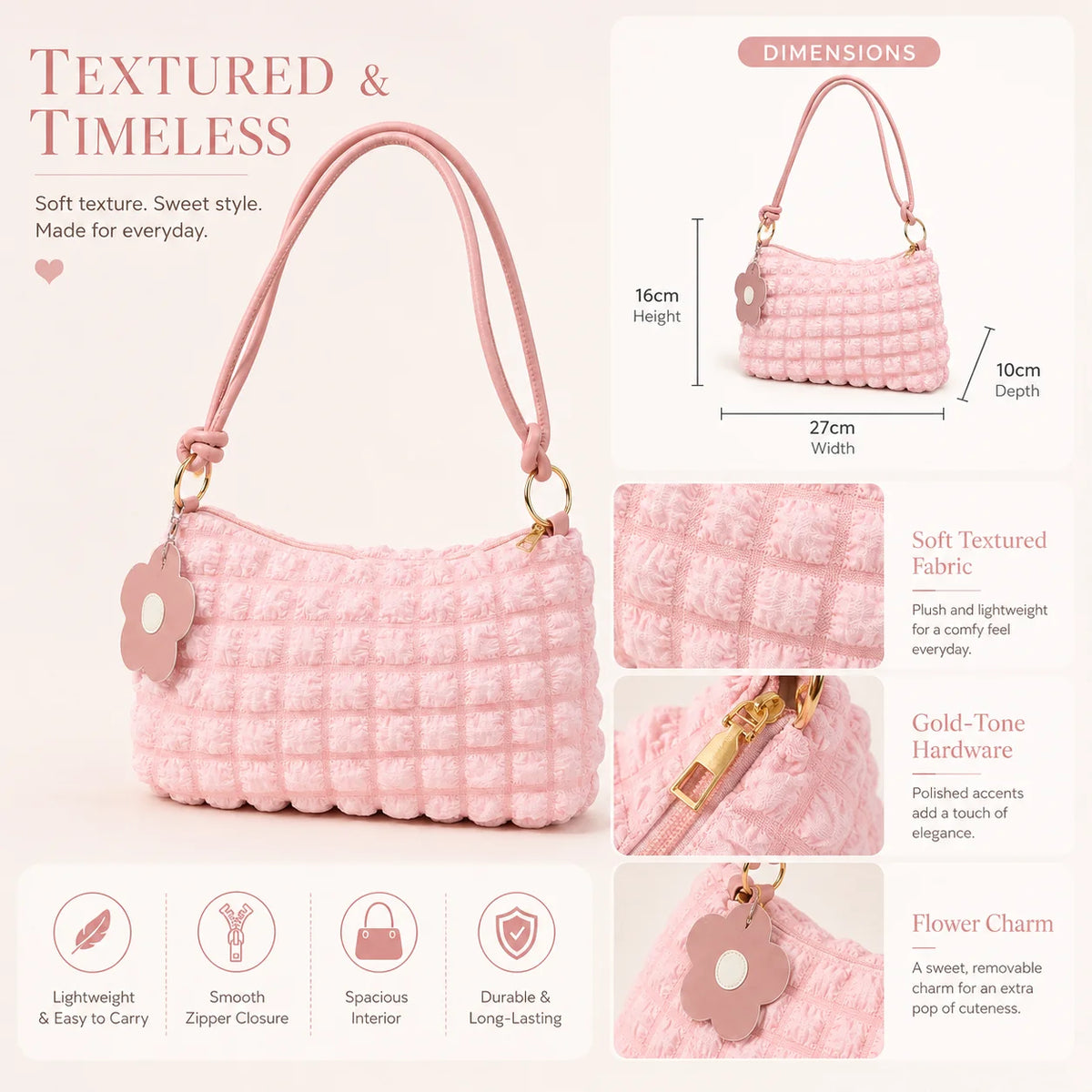 Women's Textured Canvas Shoulder Bag with Flower Charm