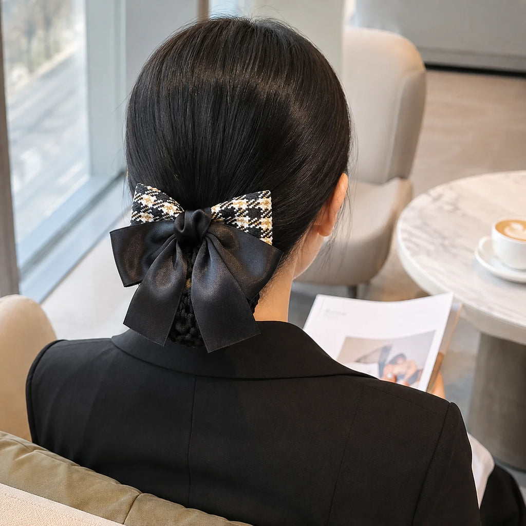 Elegant Bow Hair Bun Net – Houndstooth Satin Ribbon Cover