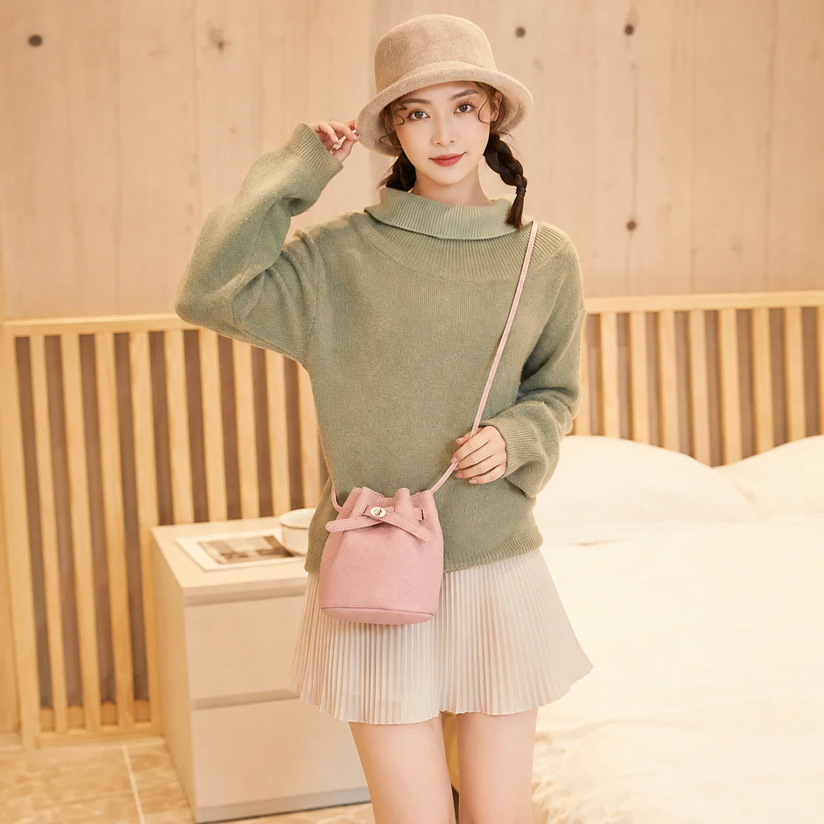 Women's Mini Bucket Crossbody Bag – Pebbled PU Drawstring Purse