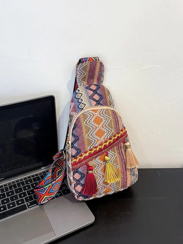 Boho Woven Sling Bag – Women's Crossbody Tassel Backpack