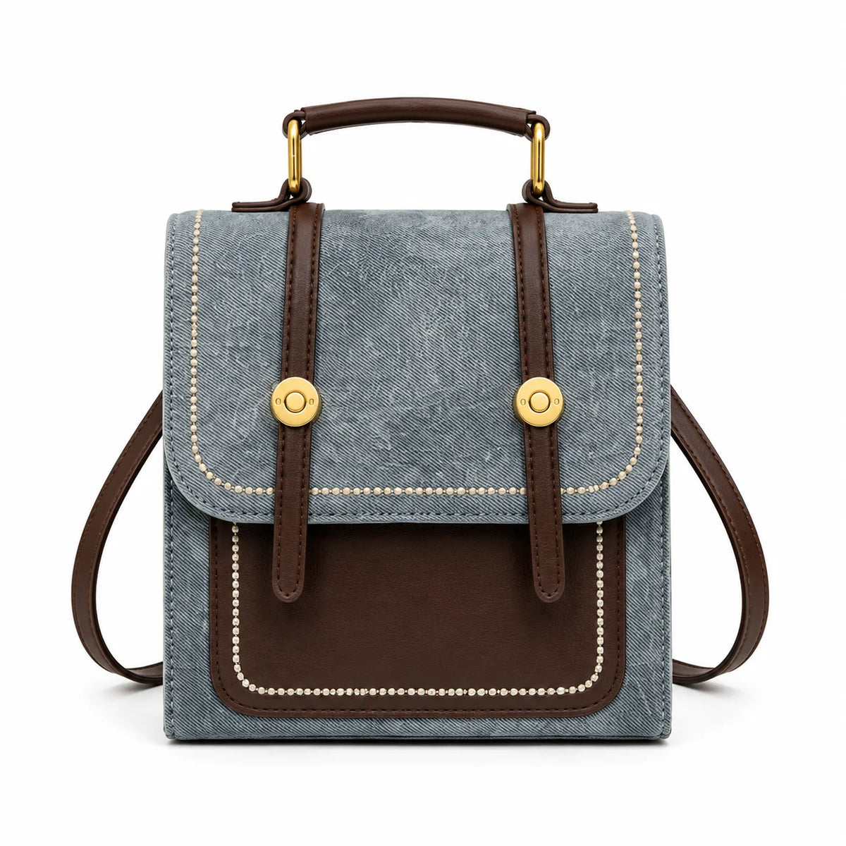 Women's Vintage Denim Backpack – PU Leather Trim, Magnetic Flap