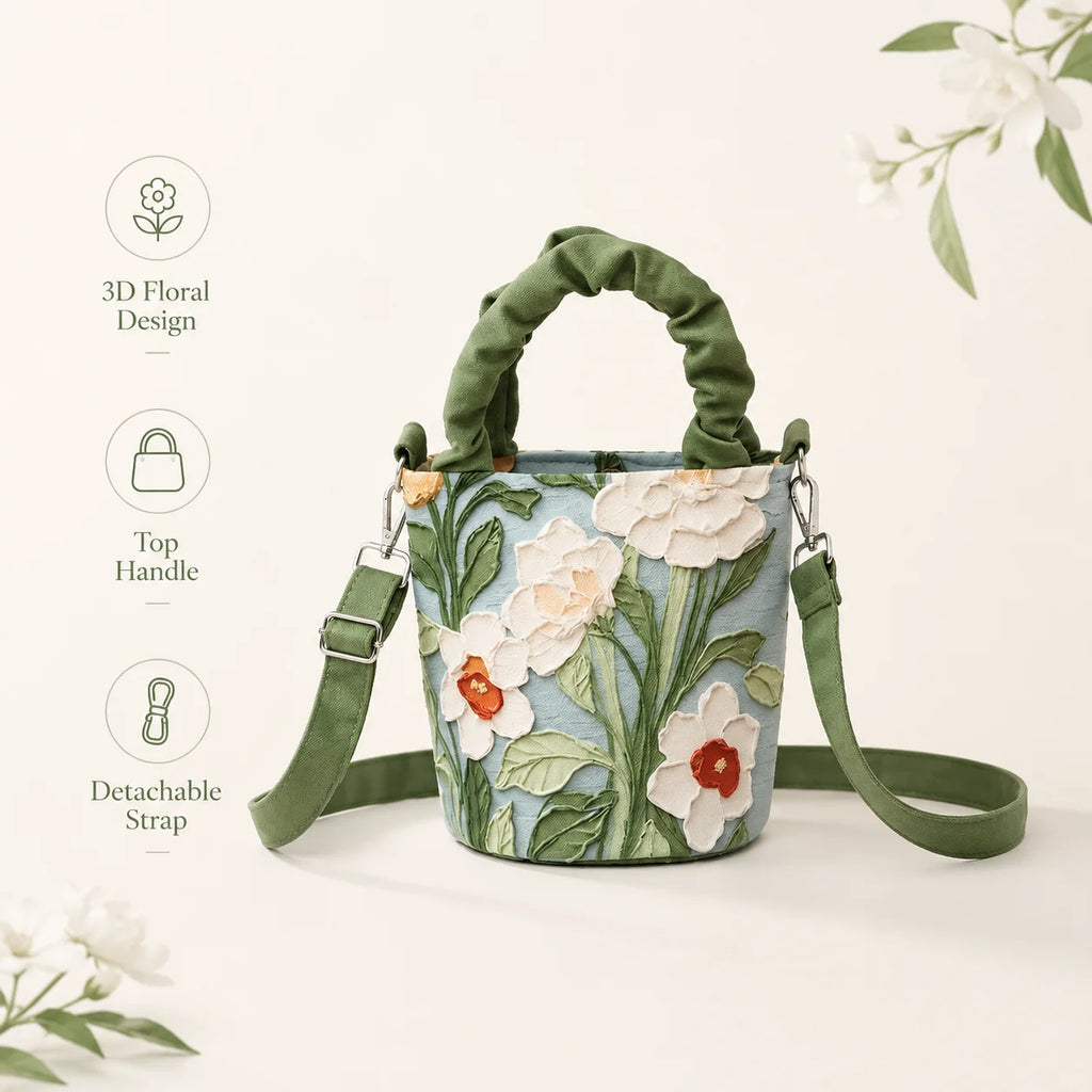 Women's 3D Floral Applique Mini Bucket Bag – Crossbody Purse