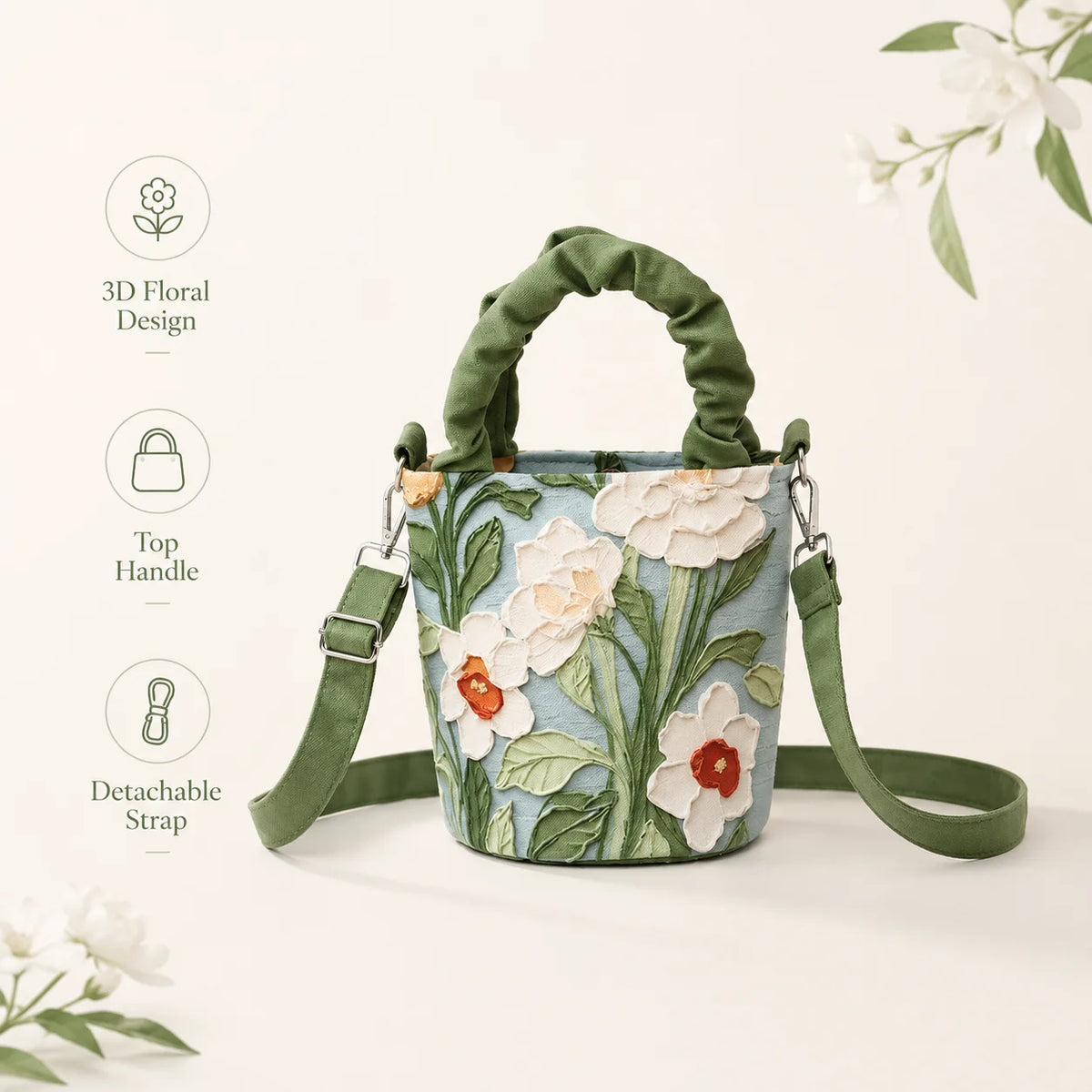 Women's 3D Floral Applique Mini Bucket Bag – Crossbody Purse