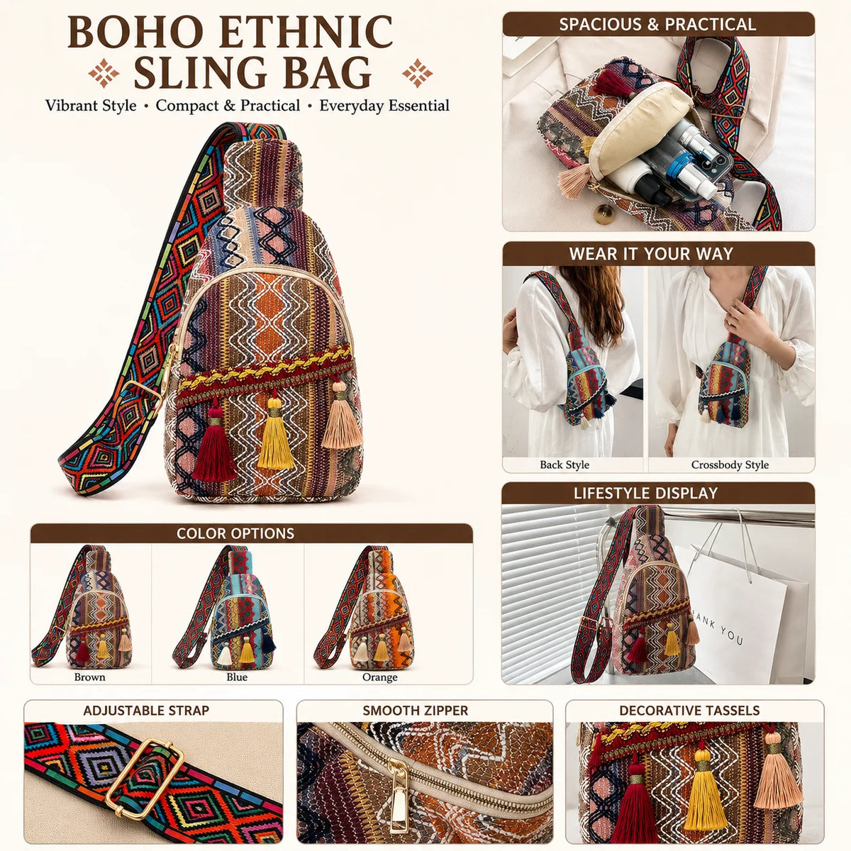 Boho Woven Sling Bag – Women's Crossbody Tassel Backpack