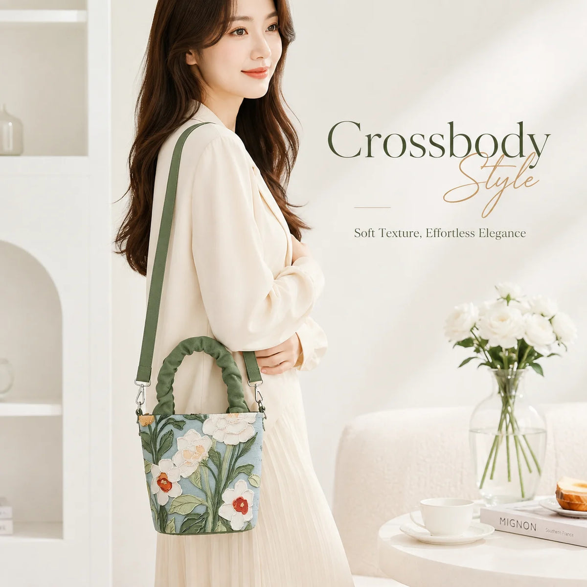 Women's 3D Floral Applique Mini Bucket Bag – Crossbody Purse