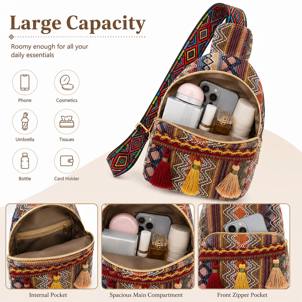 Boho Woven Sling Bag – Women's Crossbody Tassel Backpack