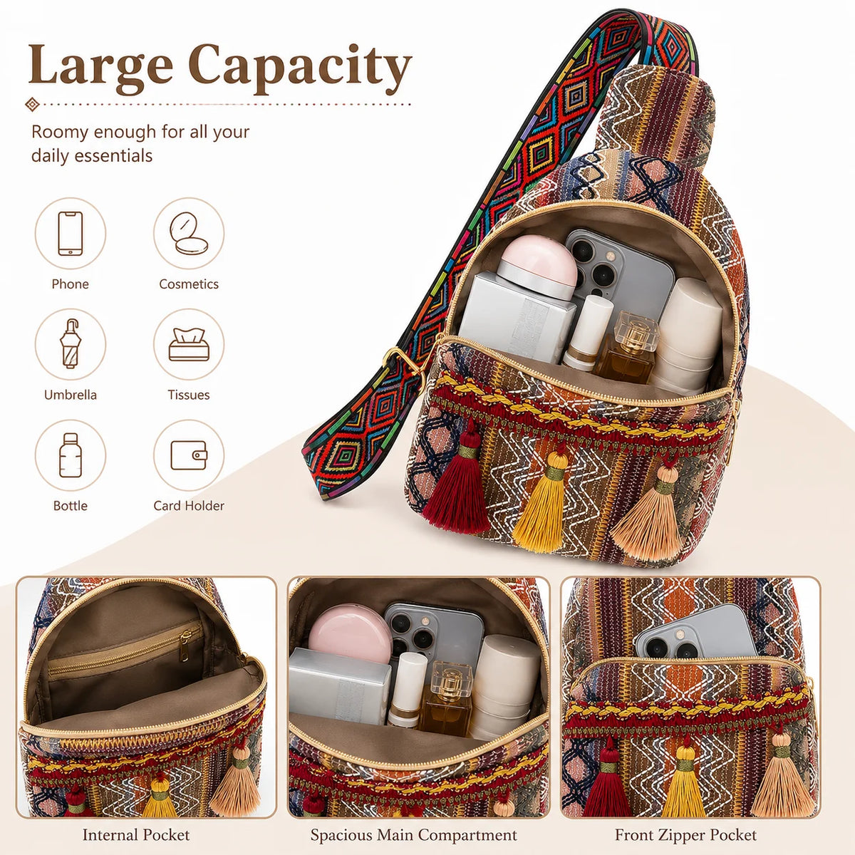 Boho Woven Sling Bag – Women's Crossbody Tassel Backpack