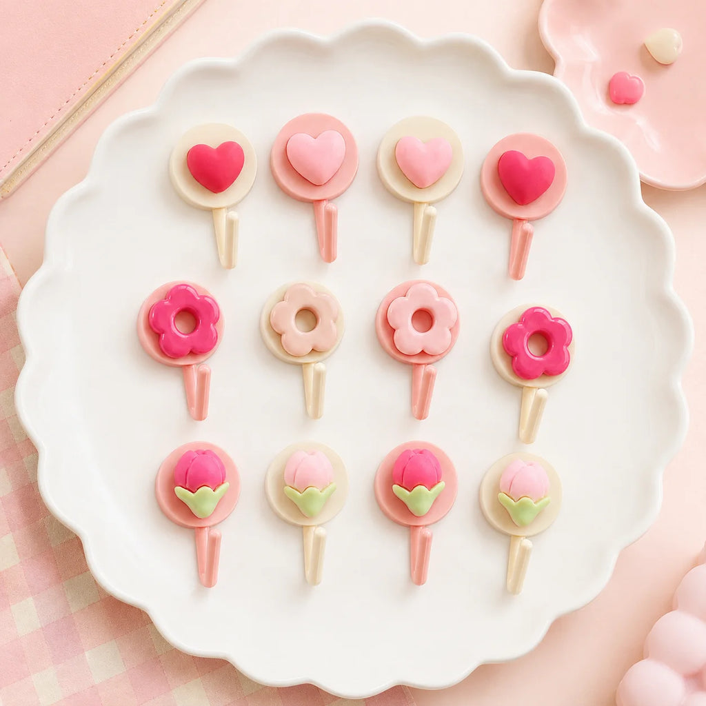 4-Pack Flower & Heart Adhesive Wall Hooks – No-Drill Hangers