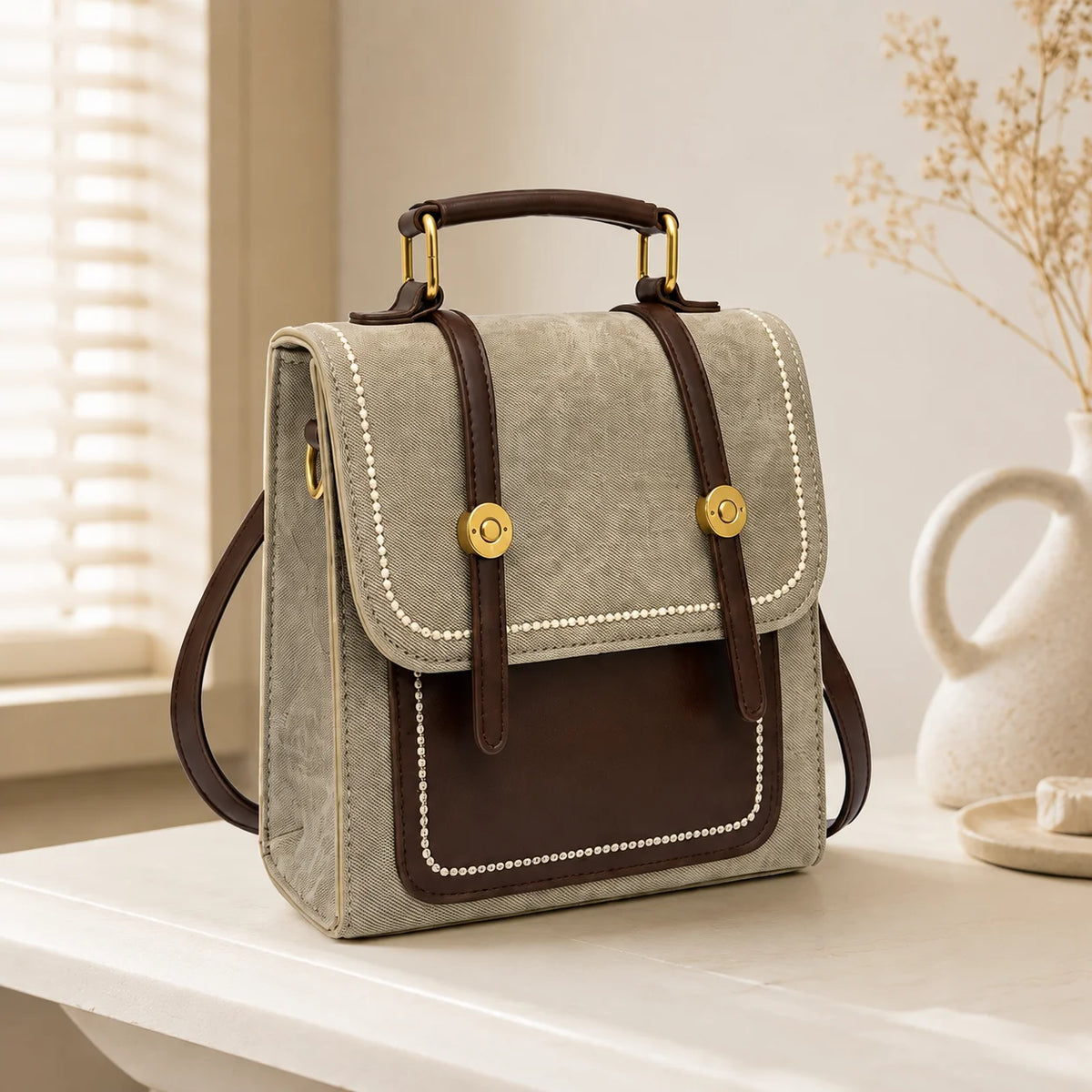 Women's Vintage Denim Backpack – PU Leather Trim, Magnetic Flap