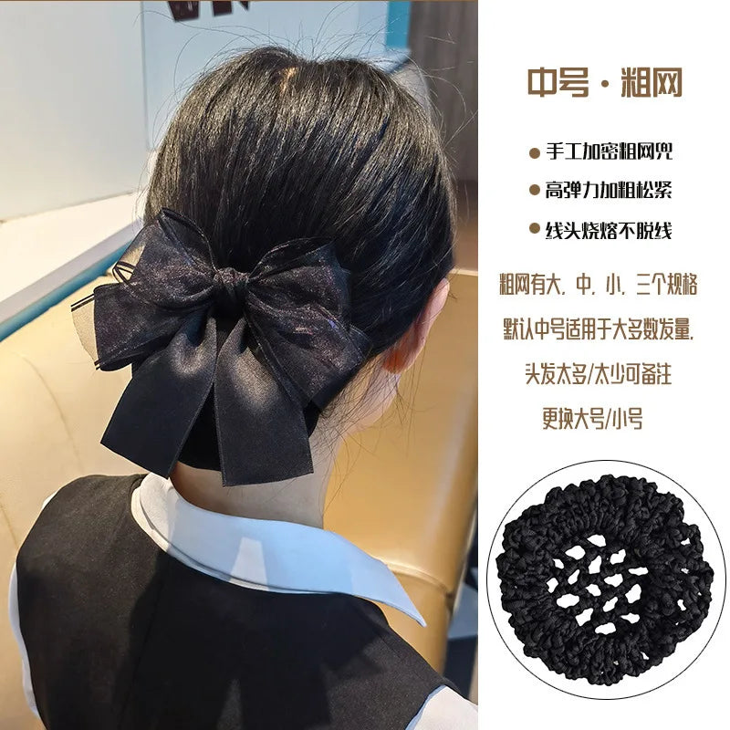 Elegant Bow Hair Bun Net – Houndstooth Satin Ribbon Cover