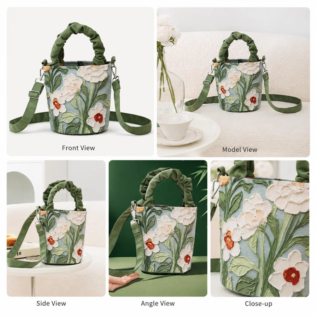 Women's 3D Floral Applique Mini Bucket Bag – Crossbody Purse