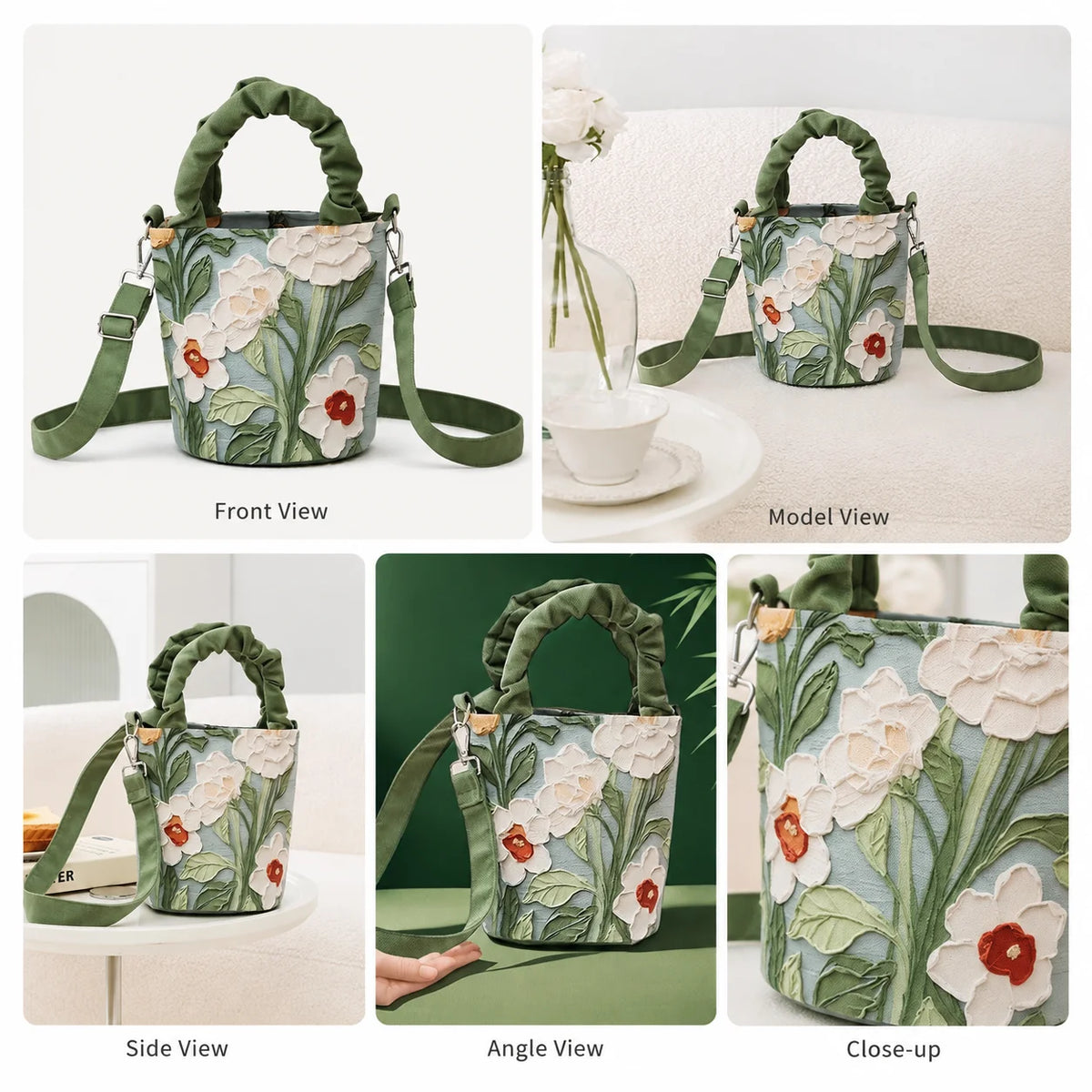 Women's 3D Floral Applique Mini Bucket Bag – Crossbody Purse