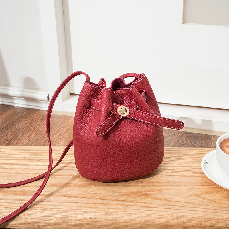 Women's Mini Bucket Crossbody Bag – Pebbled PU Drawstring Purse