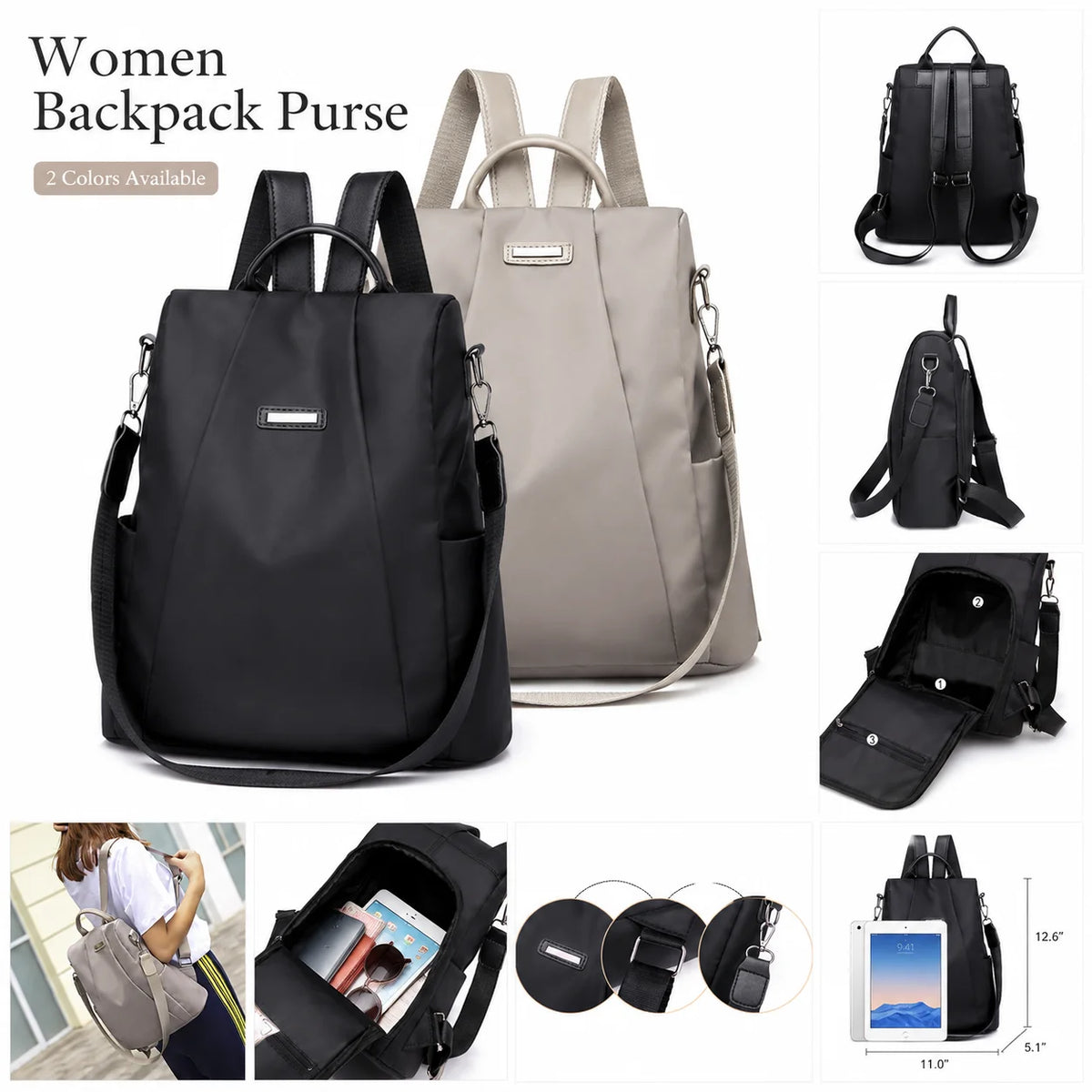 Women's Nylon Convertible Backpack Purse | Travel Daypack