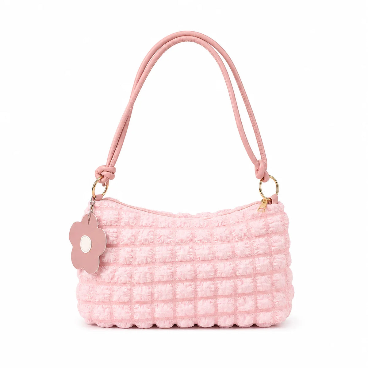 Women's Textured Canvas Shoulder Bag with Flower Charm