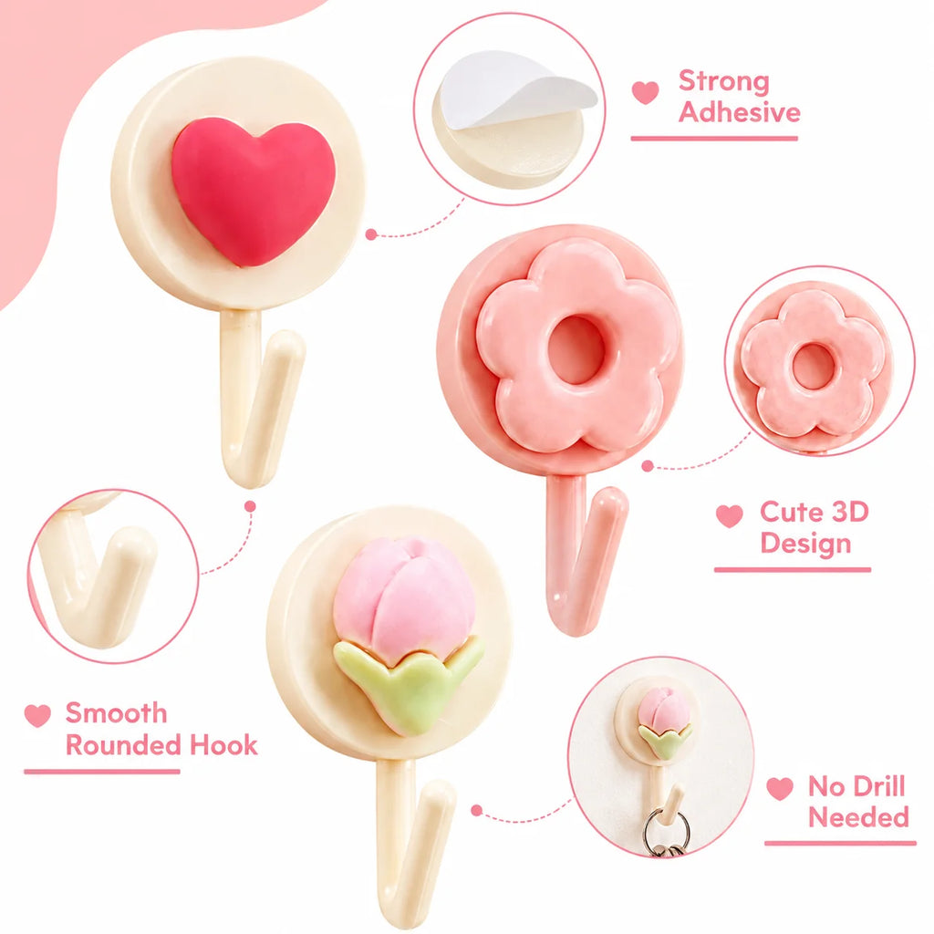4-Pack Flower & Heart Adhesive Wall Hooks – No-Drill Hangers
