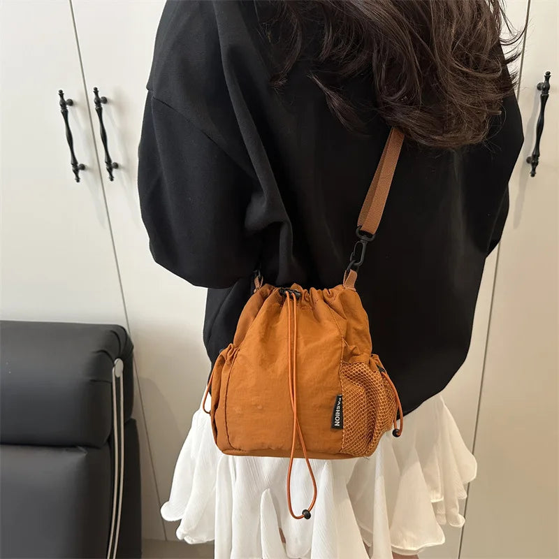 Women's Nylon Drawstring Bucket Crossbody Bag | Mesh Pockets