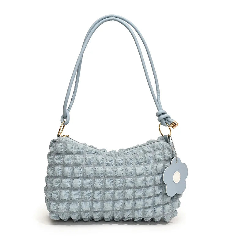 Women's Textured Canvas Shoulder Bag with Flower Charm