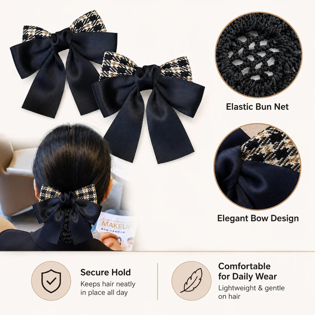 Elegant Bow Hair Bun Net – Houndstooth Satin Ribbon Cover