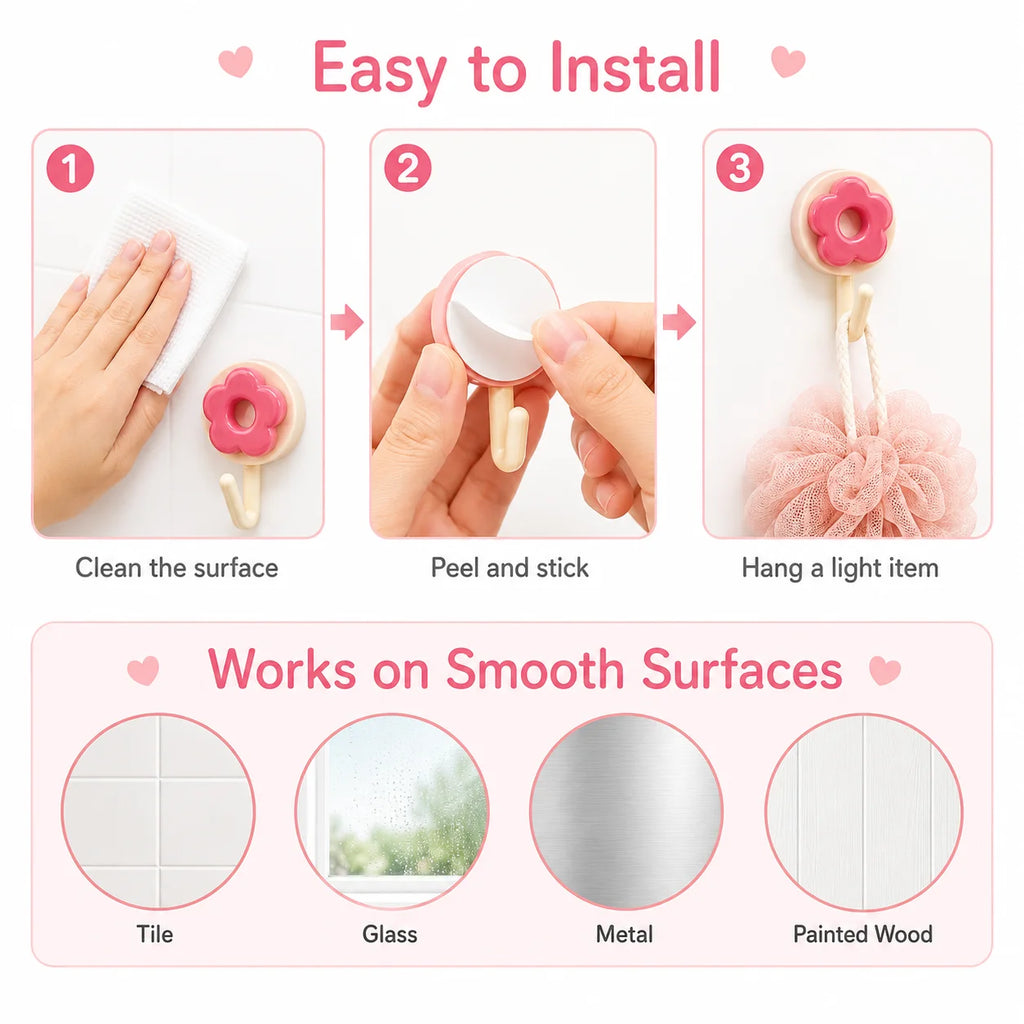 4-Pack Flower & Heart Adhesive Wall Hooks – No-Drill Hangers