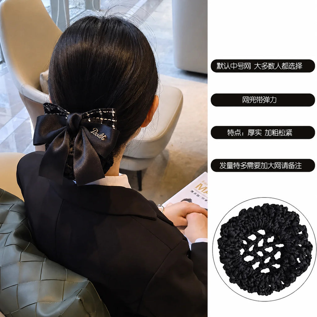 Elegant Bow Hair Bun Net – Houndstooth Satin Ribbon Cover