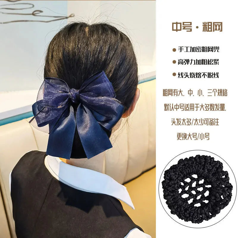 Elegant Bow Hair Bun Net – Houndstooth Satin Ribbon Cover