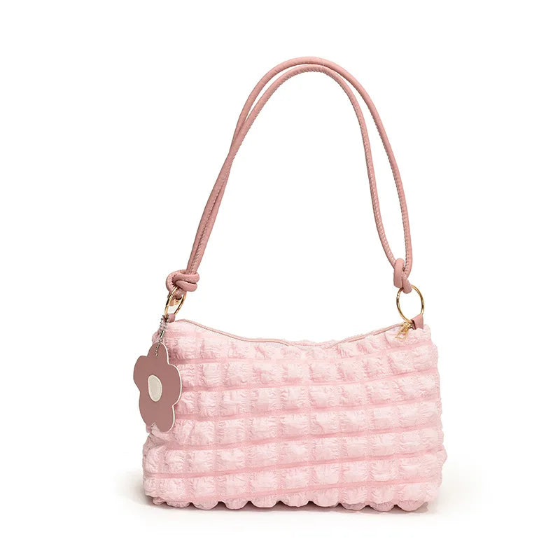 Women's Textured Canvas Shoulder Bag with Flower Charm
