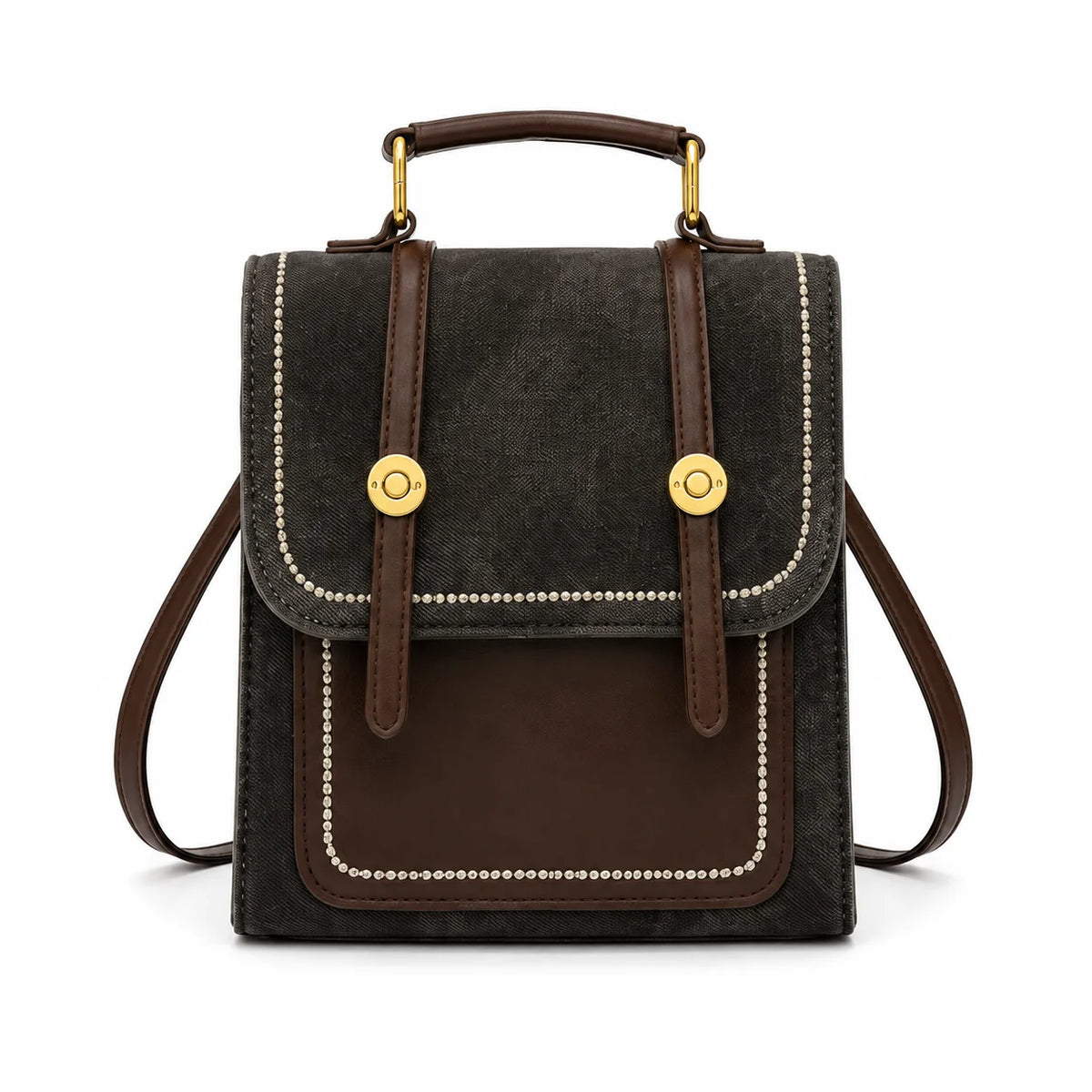 Women's Vintage Denim Backpack – PU Leather Trim, Magnetic Flap