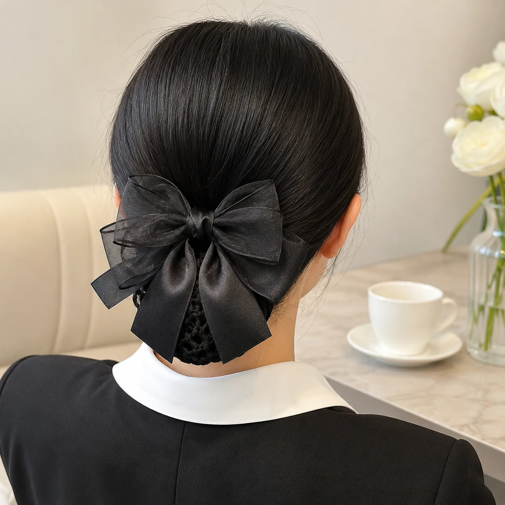 Elegant Bow Hair Bun Net – Houndstooth Satin Ribbon Cover