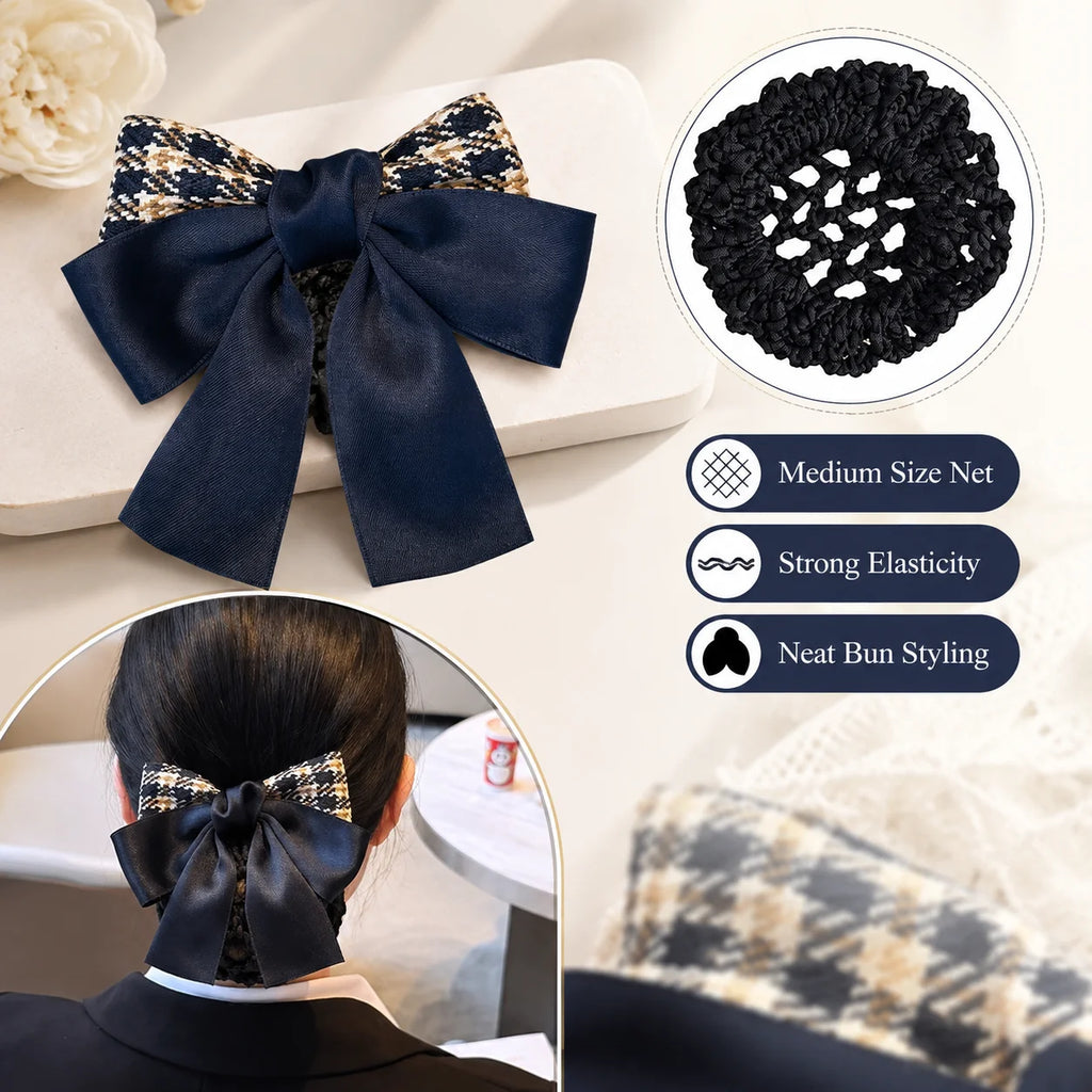 Elegant Bow Hair Bun Net – Houndstooth Satin Ribbon Cover